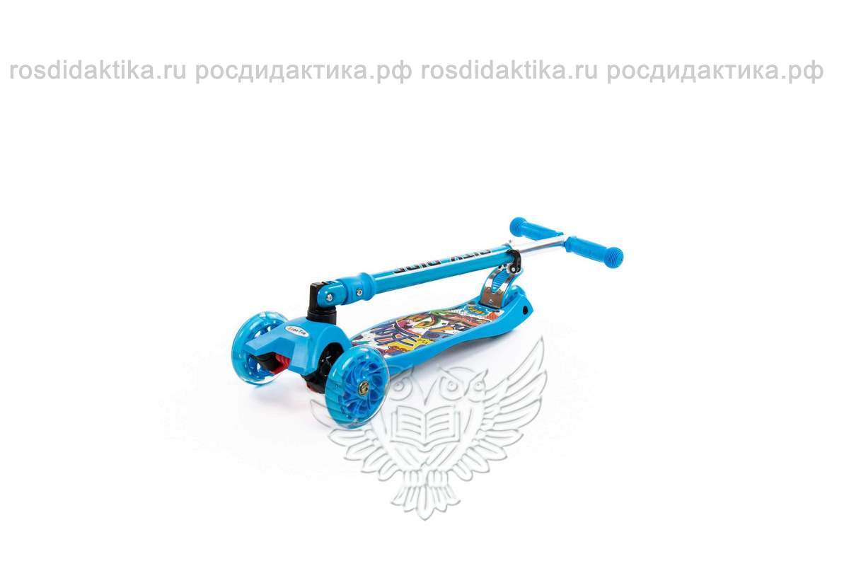 Детский самокат со складной ручкой (с наклейкой V2) (голубой) (в коробке)